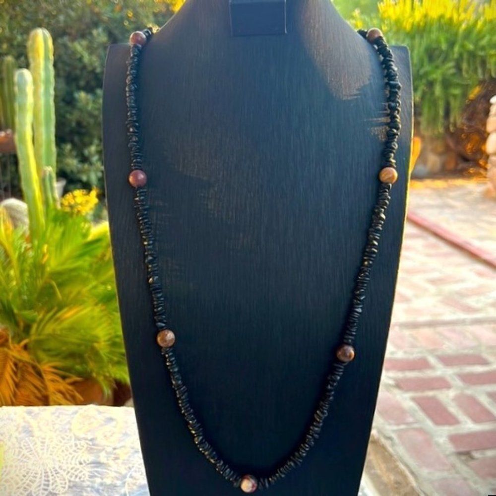 Vintage Natural Raw Black Onyx Chalcedony & Red Creek Jasper Necklace 39” - Picture 12 of 12